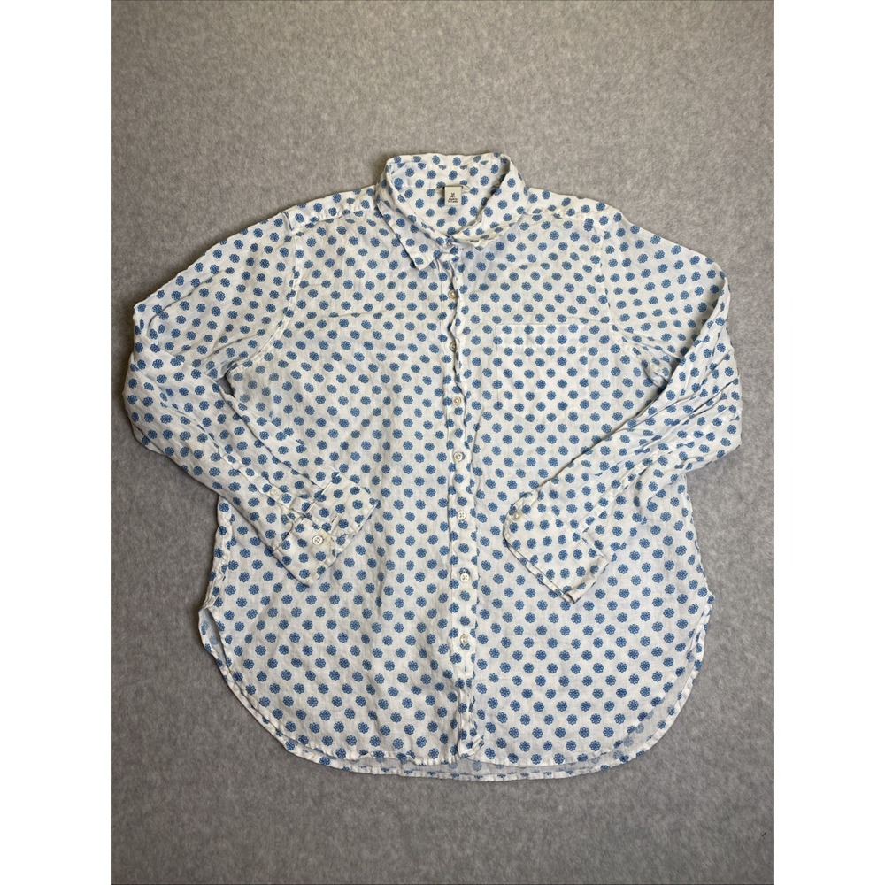 LL Bean Shirt Womens Medium Petite Blue Floral Medallion Linen Button Down LS
